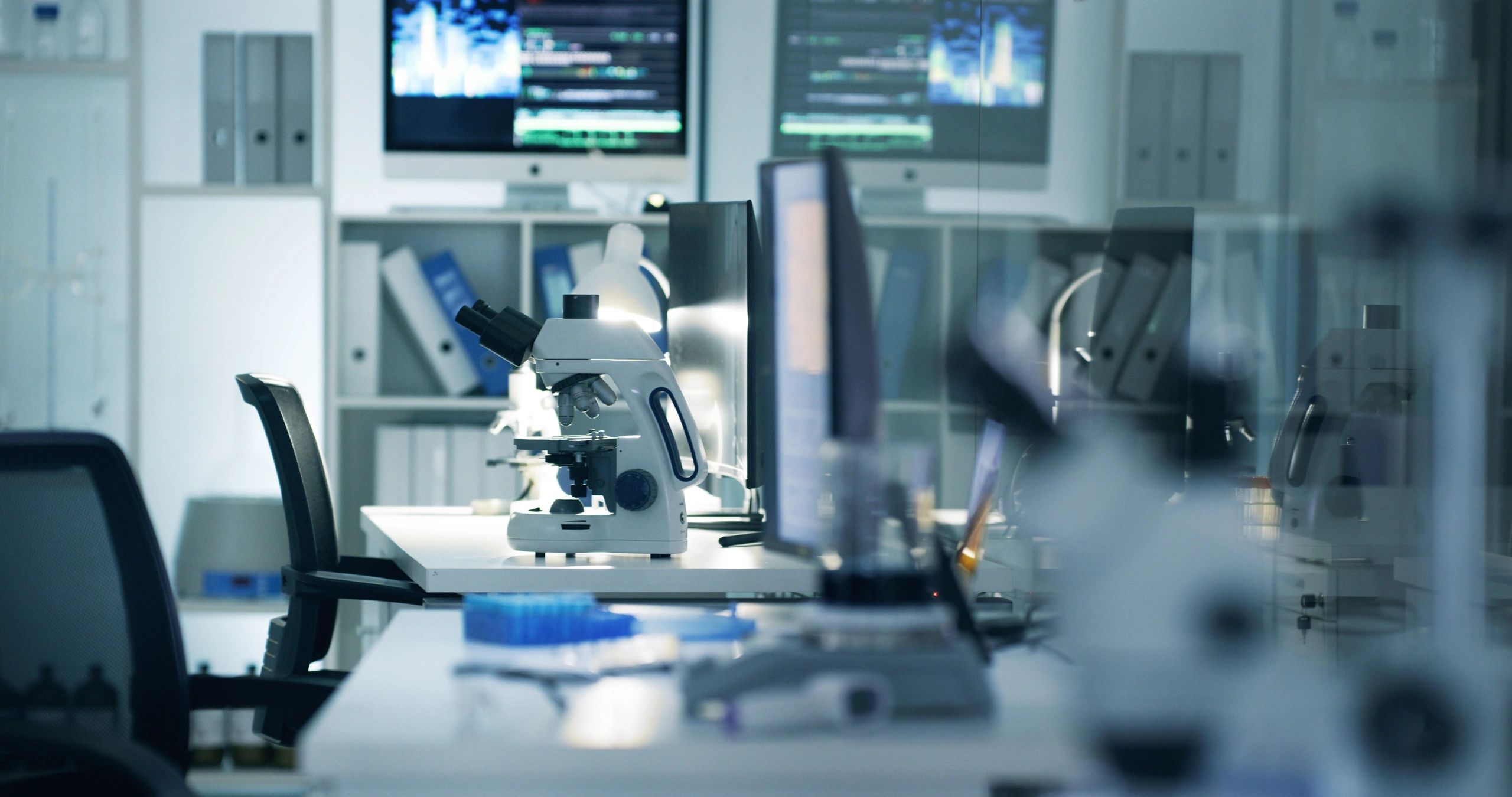 Laboratory bench with microscope and analytical equipment