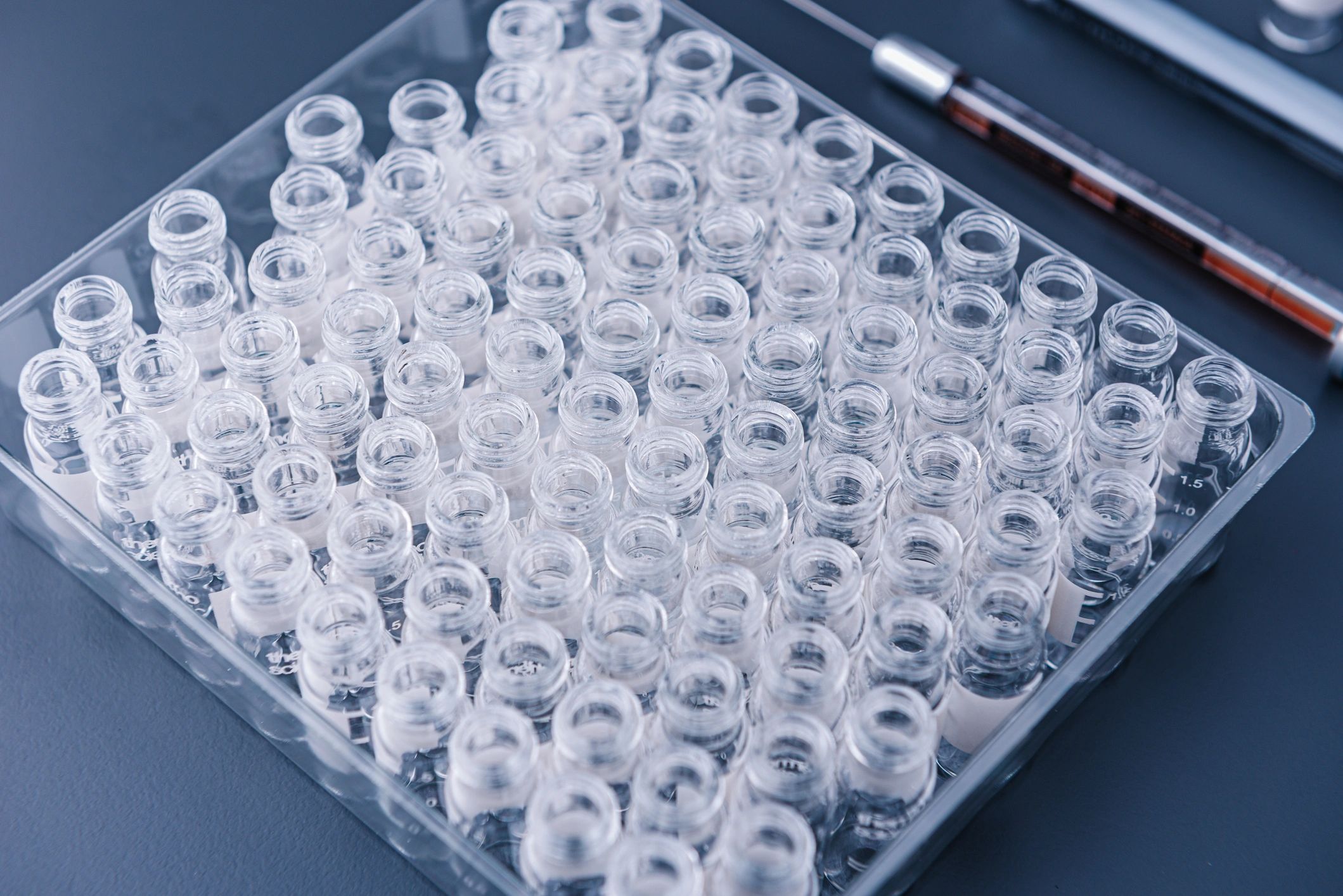 Empty glass vials in a laboratory setting